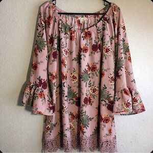 Pink Floral Off-Shoulder Bell Sleeve Tunic with Lace Hem